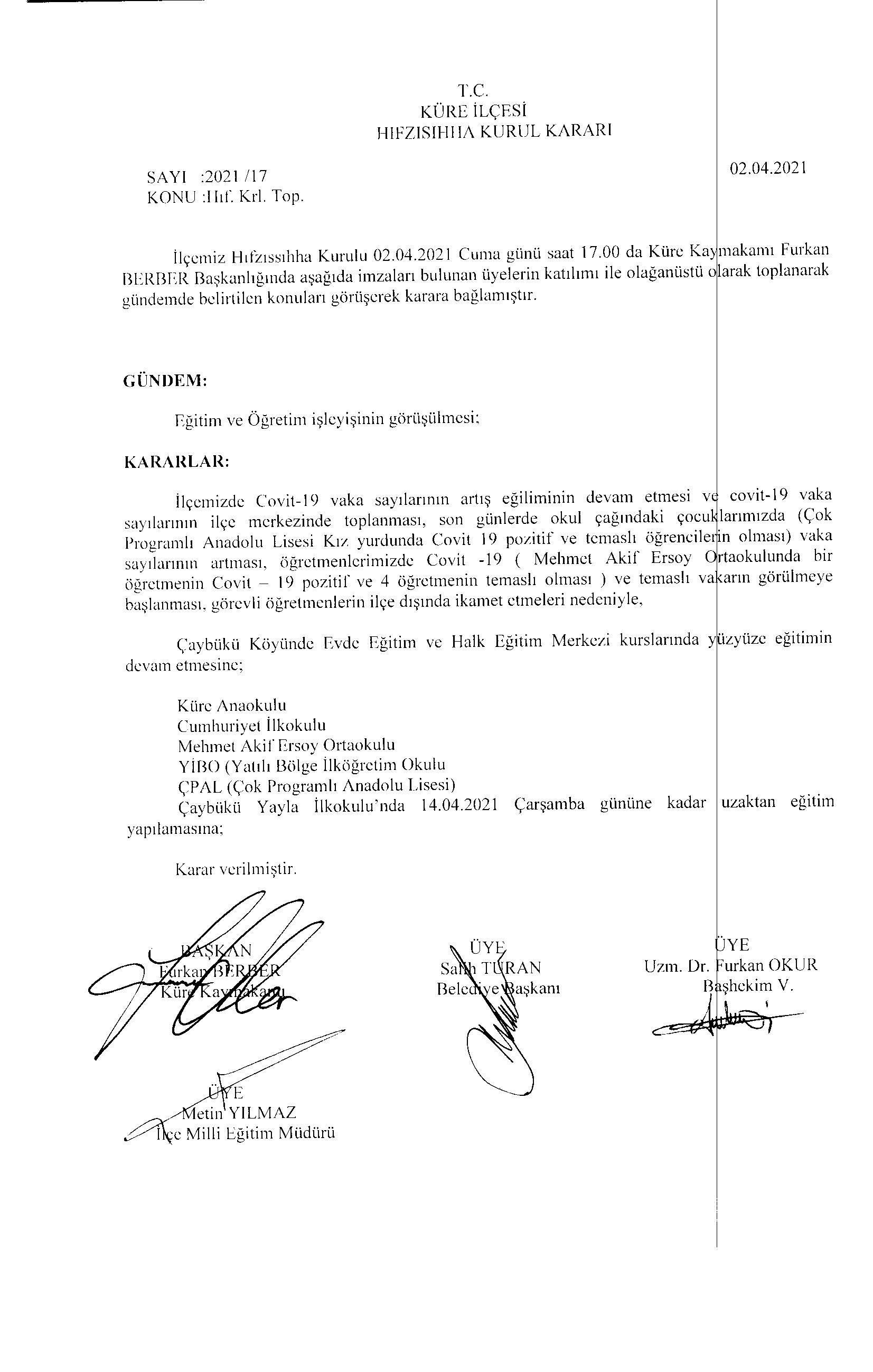 ilce hifzisihha kurulu kararlari
